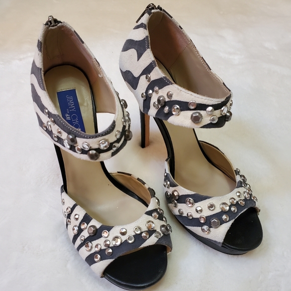 Jimmy Choo for H&M Monocrome Zebra Print Suede Studded Platform Heels Size 40 - Picture 2 of 13